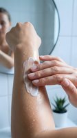 Person applying moisturizing lotion to arm in bathroom setting. Skincare routine with hydrating cream for dry skin treatment and body care wellness.