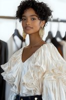 Young African American woman with natural curly hair wearing white ruffled blouse and statement gold earrings, elegant fashion portrait against blurred clothing rack background.