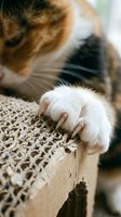 Close-up of cat paw with extended claws gripping woven fabric surface. Feline behavior and scratching instinct demonstration for pet care concepts.