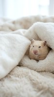 Adorable golden hamster nestled in soft cream blankets creating cozy comfortable sleeping environment for small pet care and animal welfare concepts.