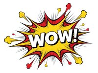 Comic book style WOW explosion burst with yellow red starburst rays and dynamic lettering isolated on white background for graphic design projects.