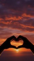 Silhouette of hands forming a heart shape against a dramatic orange and purple sunset sky with glowing clouds and sun.