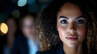 Young African American woman with natural curly hair and bright blue eyes against dark background with bokeh lights, dramatic portrait with professional makeup.
