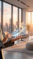 Businesswoman holding tablet displaying financial growth chart with upward arrow and dollar symbols in modern office with city skyline view.