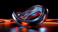 Abstract curved glass or crystal shape with dynamic red and blue light reflections on dark background with orange glow, modern artistic composition.