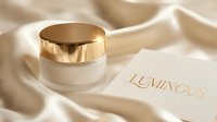 Luxury skincare cream jar with gold lid on cream fabric background with luminous text, suitable for cosmetics, beauty, wellness, and luxury product marketing.