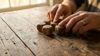 Hands rolling wooden dice on rustic table surface for gaming entertainment and leisure activities.