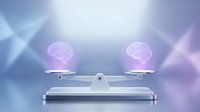 Two glowing pink brain icons balanced on white scale against soft purple blue gradient background representing mental health balance and cognitive equilibrium.