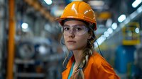 Young female industrial engineer in orange protective workwear and hardhat with safety glasses working at manufacturing facility, side view portrait.