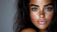 Young mixed-race woman with natural makeup and glowing skin looking directly at camera with confident expression for beauty and skincare campaigns.