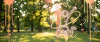 Young woman dancing joyfully in sunny park with golden light and floating musical notes creating magical atmosphere for celebration and happiness concepts.