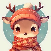Adorable reindeer wearing winter knit hat and plaid scarf against snowy turquoise circle background, kawaii style illustration with soft warm colors.