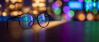 Eyeglasses with colorful bokeh lights reflection on lenses creating vibrant urban nighttime atmosphere for vision and technology concepts.