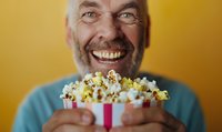 Cheerful senior Caucasian man with gray beard holding fresh popcorn, expressing joy and excitement against vibrant yellow background. Entertainment concept.