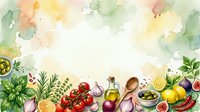 Watercolor cooking ingredients and fresh produce arranged on white background with herbs, vegetables, olive oil, and citrus fruits for culinary design projects.