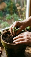 Elderly hands protecting young green seedling in terracotta pot, nurturing plant growth and gardening care in natural sunlight for sustainable living.