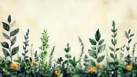 Watercolor botanical border with green leaves, herbs, and yellow wildflowers on cream background, creating a natural garden scene.