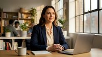 Professional businesswoman smiling confidently at modern office desk with laptop, representing success and leadership in corporate workplace environment.