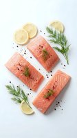 Fresh salmon fillets with lemon slices and dill herbs on white background, ready for cooking healthy seafood dinner with natural ingredients and spices.