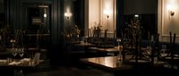 Elegant upscale restaurant interior with warm ambient lighting, wooden tables, wine glasses and sophisticated dining atmosphere for fine dining establishment.