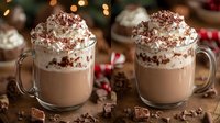 Hot chocolate topped with whipped cream and chocolate shavings in glass mugs, festive winter setting with candy canes and pine cones on wooden table.