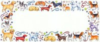Colorful cartoon dogs border frame with various breeds and puppies on white background. Pet adoption, veterinary clinic, dog training concepts.