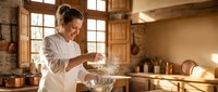Young female chef in white uniform mixing ingredients in glass bowl at rustic kitchen with wooden cabinets and warm lighting for culinary content.