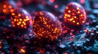 Glowing crystal spheres with orange light effects on circuit board background create futuristic technological composition with bokeh and reflections.
