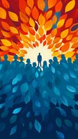 Silhouette of person standing out from crowd against bright autumn leaves background, contrasting orange and blue colors create dramatic leadership concept.