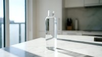 Clear glass water bottle standing on white marble countertop in modern kitchen with natural light from window, suitable for beverage, wellness, and lifestyle product photography.