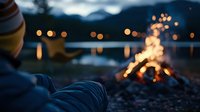 Person relaxing by campfire at mountain lake during evening twilight with warm glowing flames and peaceful outdoor atmosphere for camping adventures.