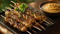 Grilled chicken skewers with golden char marks garnished with fresh herbs, served on dark plate alongside creamy peanut dipping sauce. Asian cuisine appetizer.