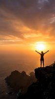 Woman silhouette with raised arms celebrating freedom on cliff edge during golden sunset over ocean waves creating inspirational moment of triumph and joy.