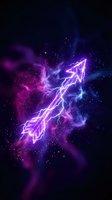 Electric lightning arrow pointing upward through cosmic purple and blue nebula clouds with sparkling particles on dark space background.