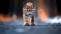 Young bobcat walking on dark ground with orange sunset background, dramatic lighting creates mysterious atmosphere for wildlife and nature photography.