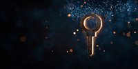 Digital key silhouette with glowing particles and network connections on dark blue background, representing cybersecurity and digital access control.