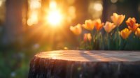 Orange tulips in garden at sunset with wooden surface in foreground, soft bokeh light effects create dreamy spring atmosphere, selective focus on flowers.