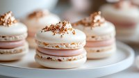 Elegant pink macarons with white cream filling and golden crumb topping arranged on white plate for bakery dessert menu and confectionery advertising.