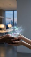 Hands cupping glowing holographic energy with digital particles floating above palms in modern office interior for technology and innovation concepts.