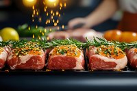 Raw beef steaks with herbs and spices on grill grate with sparks flying, chef preparing meat in background for barbecue cooking and grilling recipes.