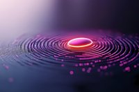 Glowing pink neon circle with rippling concentric waves creating dynamic motion effect against dark background, abstract futuristic technology concept.