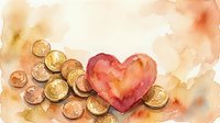 Watercolor heart with euro coins on soft warm background, symbolizing charity, donation, love of money, financial giving, and generosity concepts.