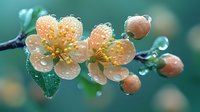 Delicate peach cherry blossoms with morning dew drops on petals and buds against blurred teal background, creating dreamy spring atmosphere.