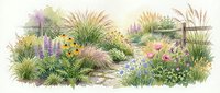 Watercolor garden border with ornamental grasses, wildflowers and stone path on white background. Botanical landscape design element for spring decor.