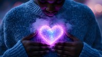 Glowing purple heart shape floating between hands against dark background, magical energy effect with bokeh lights, wearing cozy blue sweater, concept of love and magic.