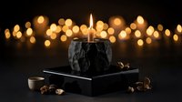 Black marble candle burning with warm flame against golden bokeh lights background creating cozy atmospheric mood for relaxation and meditation.