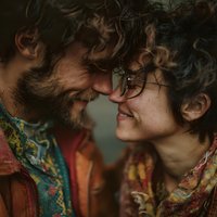 Intimate moment between bearded man and woman with glasses sharing tender connection in warm natural lighting for romantic lifestyle content.