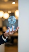 Businessman hand holding glowing target icon with concentric circles in modern office setting with warm bokeh lighting, representing goal achievement and business strategy.