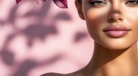Young woman with glowing tan skin, pink glossy lips and long eyelashes on pink background with leaf shadows. Natural beauty and skincare concept.