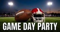 Football helmet and ball on field with stadium lights during evening game for sports entertainment and team celebration events.